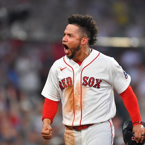 Boston Red Sox's Willson Contreras celebrates after scoring on a two-run single by Caleb Durbin in the fourth inning of a baseball game against the New York Yankees, Sunday, June 28, 2026, in Boston. (AP Photo/Steven Senne)