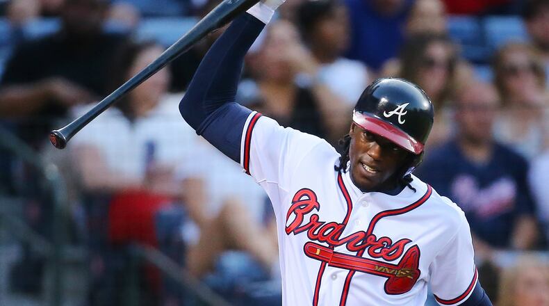 Braves’ Cameron Maybin throws his bat in frustration after striking out against the Phillies during the second inning of a baseball game on Monday, May 4, 2015, at Turner Field. (Curtis Compton / ccompton@ajc.com)