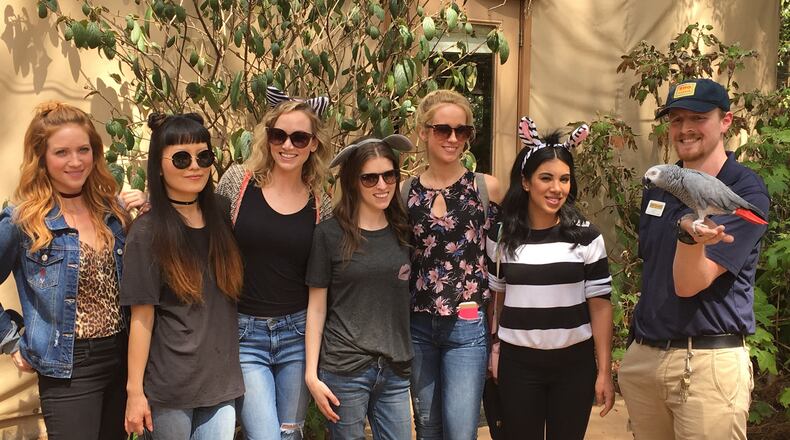 Members of the cast from “Pitch Perfect 3,” which is filming in Georgia, visited Zoo Atlanta Tuesday to celebrate Chrissie Fit’s birthday. They are, from the left, Brittany Snow, Hana Mae Lee, Kelley Jakle, Anna Kendrick, Anna Camp and Chrissie Fit. Photo: courtesy Zoo Atlanta