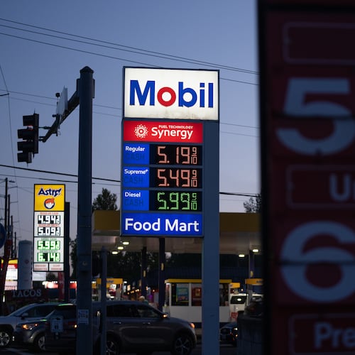 Gasoline prices are displayed at a Mobil gas station on Wednesday, April 29, 2026, in Portland, Ore. (AP Photo/Jenny Kane)