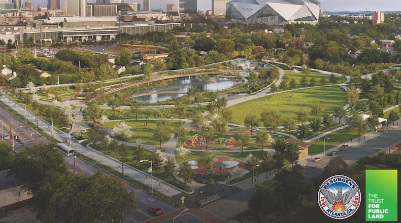A rendering of the future Rodney Cook Sr. Park near Mercedes-Benz Stadium in Vine City. Conceptual rendering by HDR, Inc.
