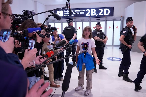 Activist Greta Thunberg arrives from Israel at Charles de Gaulle airport, north of Paris, Tuesday, June 10, 2025. (AP Photo/Michel Euler)