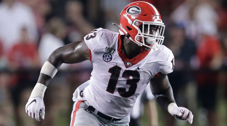 Georgia linebacker Azeez Ojulari (13) plays against Vanderbilt in the first half of an NCAA college football game Saturday, Aug. 31, 2019, in Nashville, Tenn. (AP Photo/Mark Humphrey)