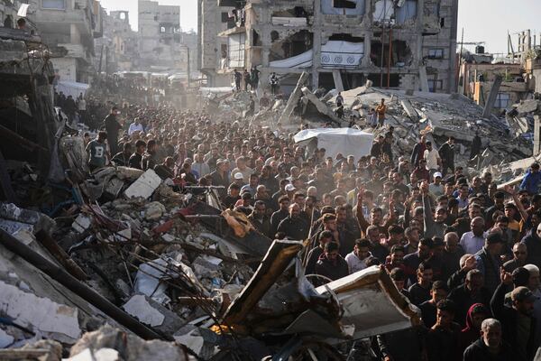 FILE - Palestinians attend a protest against the war and Hamas in Beit Lahiya, northern Gaza Strip, on Wednesday, March 26, 2025, in a rare show of public anger against the militant group that rules the territory. (AP Photo/Jehad Alshrafi, File)