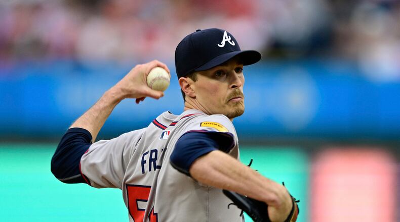 Atlanta Braves' starting pitcher Max Fried throws during the first inning of a baseball game against the Philadelphia Phillies, Saturday, March 30, 2024, in Philadelphia. (AP Photo/Derik Hamilton)