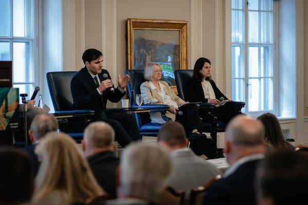 Patrick Fuchs, chair of the Surface Transportation Board (left), Karen J. Hedlund, member of the Surface Transportation Board (center) and Michelle Schultz, vice chair of the Surface Transportation Board speak during Railway Age’s Next Generation Freight Rail conference at the Union League Club of Chicago on March 10, 2026, in Chicago. (Jamie Kelter Davis for the AJC)