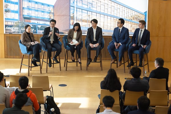 Lee Sung-hwan (second left) speaks during a panel at Georgia Tech on Monday, Dec. 1, 2025, in Atlanta. Lee says the reason Korea has chosen to get closer to the U.S. rather than China is twofold: competition and market access. (Arvin Temkar/AJC)