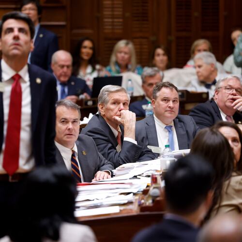 Representatives watch the voting board following a vote on a property tax bill at the House of Representatives on Sine Die, the last day of the legislature, at the Capitol in Atlanta on April 2, 2026. (Arvin Temkar/AJC)