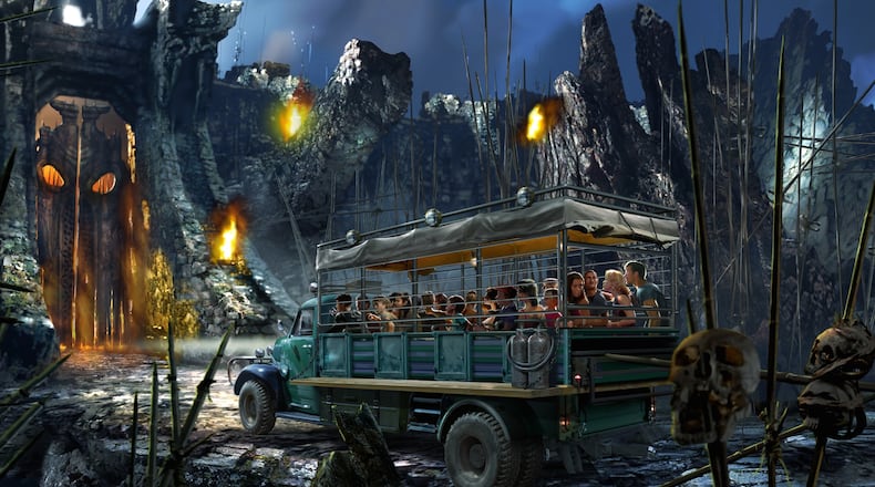 This concept art shows the ride vehicle heading toward the Great Wall found in the upcoming Universal Orlando Resort attraction Skull Island: Reign of Kong.