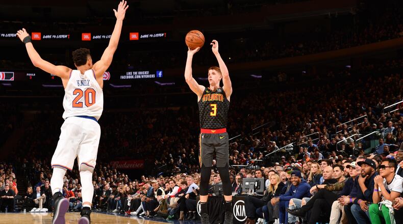 Kevin Huerter of the Atlanta Hawks shoots a 3-pointer against the New York Knicks on Dec. 21, 2018 at Madison Square Garden in New York City, New York.