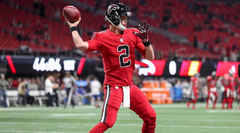 12/07/2017 -- Atlanta, GA, - Atlanta Falcons quarterback Matt Ryan (2) practices before the start of the game against the New Orleans Saints at Mercedes-Benz Stadium, Thursday, December 7, 2017.  ALYSSA POINTER/ALYSSA.POINTER@AJC.COM