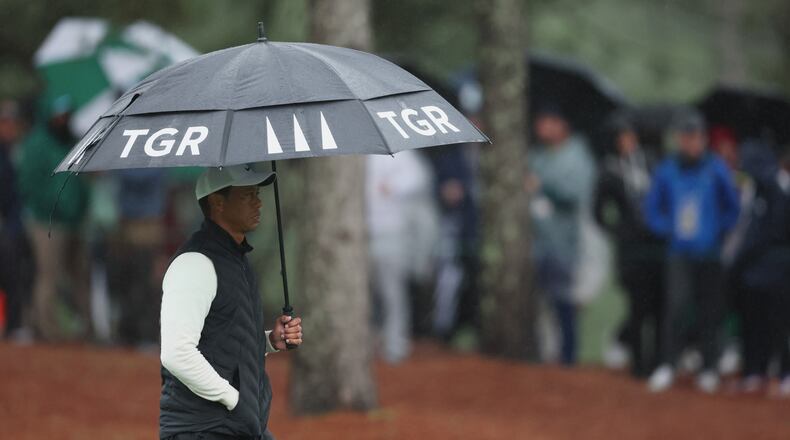 Tiger Woods walks up the 15th fairway during second round of the 2023 Masters Tournament at Augusta National Golf Club, Saturday, April 8, 2023, in Augusta, Ga. (Jason Getz / Jason.Getz@ajc.com)