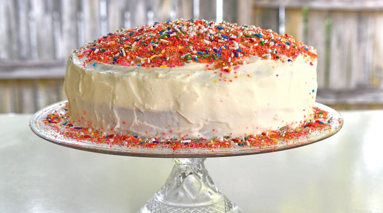 Duke's Confetti Cake was created for the classic condiment's 100th birthday, in 2017. Duke's mayonnaise is the invention of Eugenia Thomas Duke, a Columbus, Ga., native who used the sauce to make sandwiches for World War I soldiers. STYLING BY WENDELL BROCK / CONTRIBUTED BY CHRIS HUNT PHOTOGRAPHY