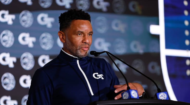 Georgia Tech coach Damon Stoudamire speaks to the media at the 2024 ACC Tipoff in Charlotte, North Carolina, Wednesday, Oct. 9, 2024. (Photo by Nell Redmond/ACC)