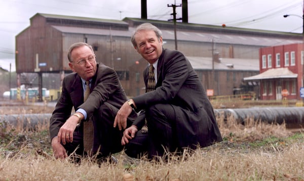 In 1999, developers Charlie Brown (left) and Jim Jacoby look over the vast domain of Atlantic Steel. (AJC file photo)
