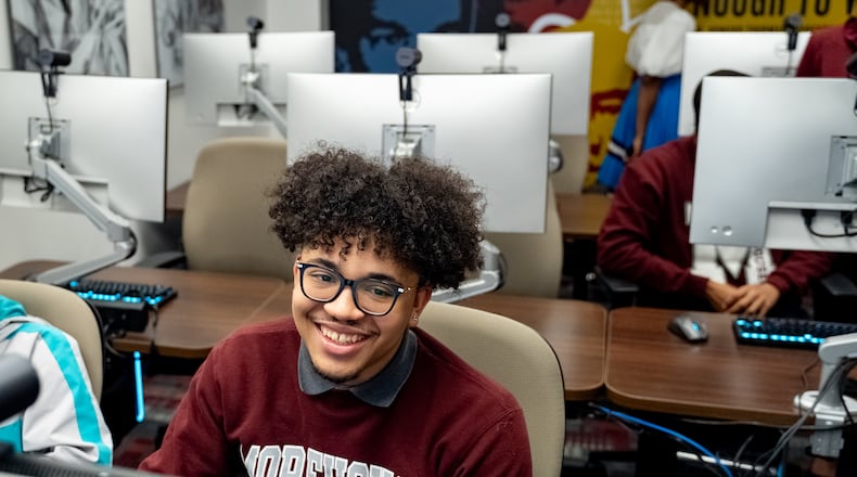 Morehouse College senior Elijah Truitt uses the new Google Annex classroom at Charles Merrill Hall on Monday. Monday, May 13, 2024 (Ben Hendren for the Atlanta Journal Constitution)