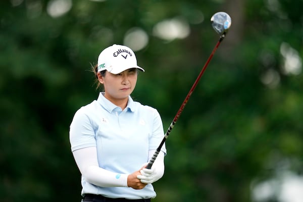 Yan Liu, of China, prepares to hit on the sixth hole during the second round of the Chevron Championship LPGA golf tournament Friday, April 25, 2025, in The Woodlands, Texas. (AP Photo/Ashley Landis)