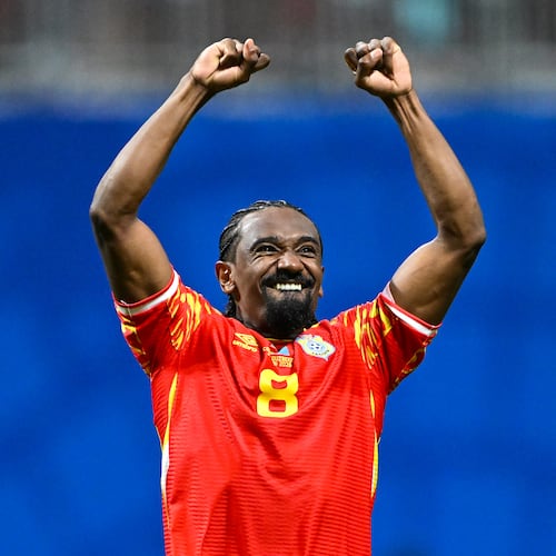 Congo midfielder Samuel Moutoussamy celebrates during the second half of a FIFA World Cup match at Atlanta Stadium (Mercedes-Benz Stadium) on Saturday, June 27, 2026, in Atlanta. (Hyosub Shin/AJC)