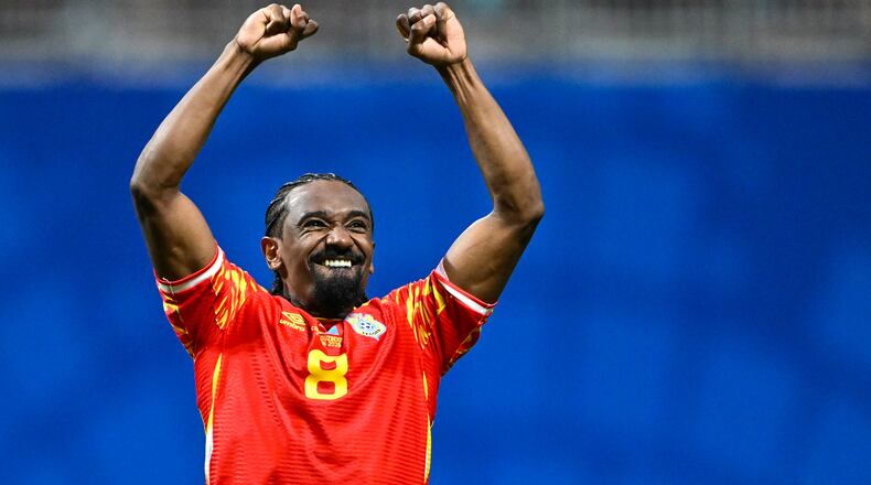 Congo midfielder Samuel Moutoussamy celebrates during the second half of a FIFA World Cup match at Atlanta Stadium (Mercedes-Benz Stadium) on Saturday, June 27, 2026, in Atlanta. (Hyosub Shin/AJC)