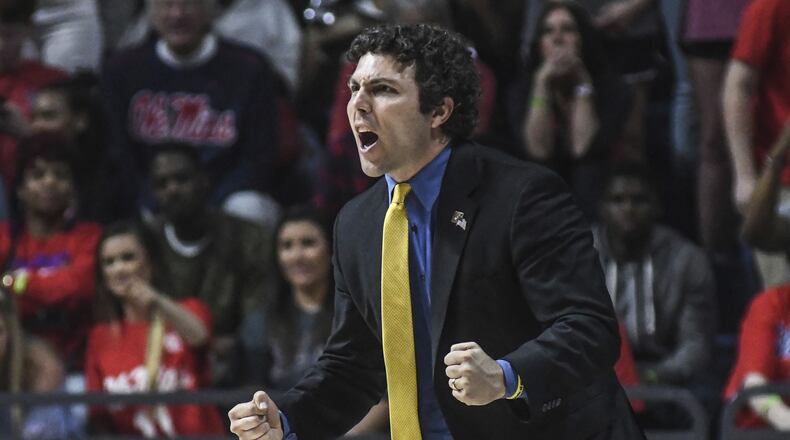 Georgia Tech head coach Josh Pastner reacts during an NCAA college basketball game in the quarterfinals of the NIT against Mississippi on Tuesday, March 21, 2017, in Oxford, Miss. (Bruce Newman/The Oxford Eagle via AP)