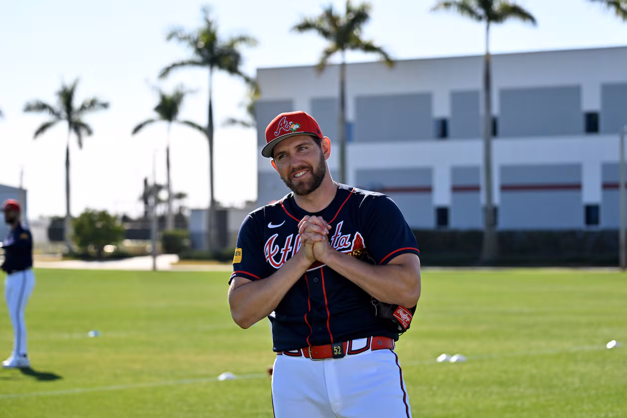Braves pitcher Dylan Lee reacts — pictured during spring training workouts in February — made his MLB debut in 2021 a month before Atlanta won the World Series. (Hyosub Shin/AJC)