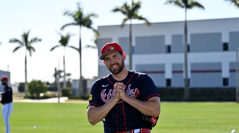 Braves pitcher Dylan Lee reacts — pictured during spring training workouts in February — made his MLB debut in 2021 a month before Atlanta won the World Series. (Hyosub Shin/AJC)