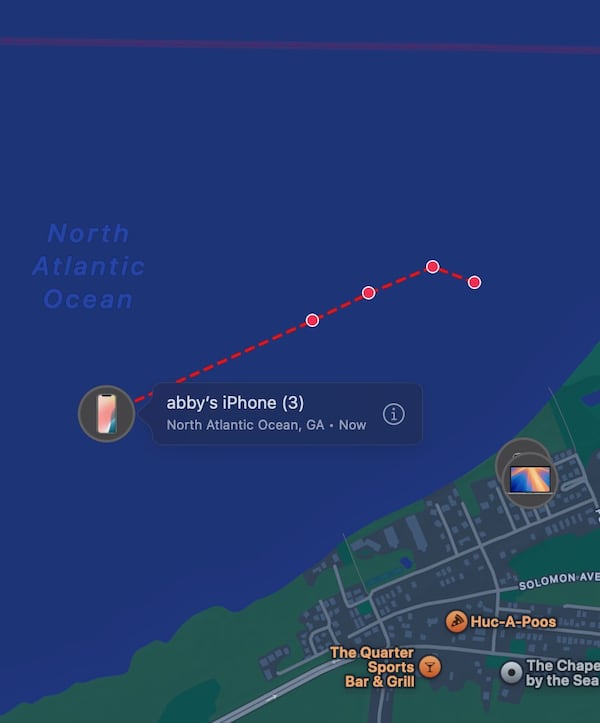 Abby Van Brimmer tracked her cellphone using the Find My iPhone app after losing it while paddleboarding off Tybee Island in August 2025. The phone continued to transmit its position until the battery was depleted.  (Courtesy of Abby Van Brimmer)