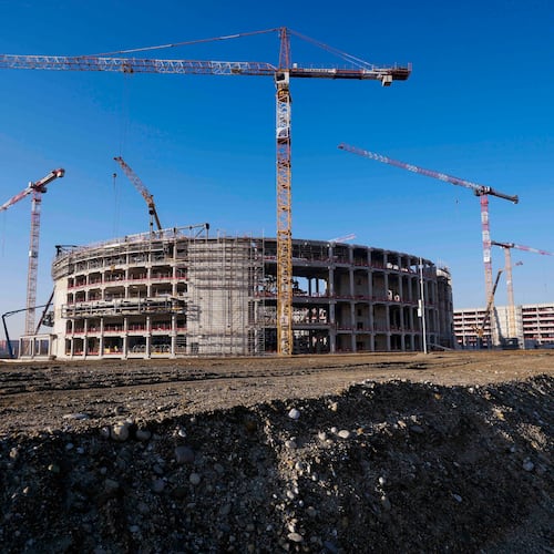 FILE - Construction continues at the Milano Santagiulia Ice Hockey Arena for the Milan Cortina 2026 Winter Olympics in Milan, Italy, Wednesday, Jan. 15, 2025. (AP Photo/Luca Bruno, File)