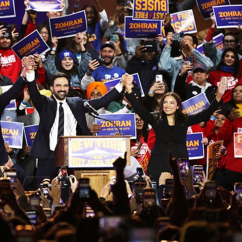 Sen. Bernie Sanders, I-Vt., left, New York City mayoral candidate Zohran Mamdani, center, and Rep. Alexandria Ocasio-Cortez, D-N.Y., appear on stage during a rally, Sunday, Oct. 26, 2025, in New York. (AP Photo/Heather Khalifa)