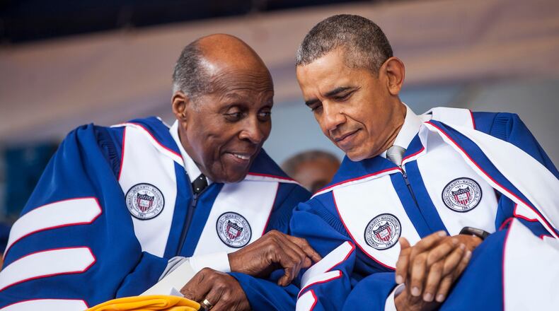 President Barack Obama sits with Vernon Jordan during a commencement ceremony at Howard University in 2016. Jordan, the civil rights activist and Washington power broker whose private counsel was sought both by the powerful at the top levels of government and those in the corporate world, died March 1. He was 85. (Zach Gibson/The New York Times)