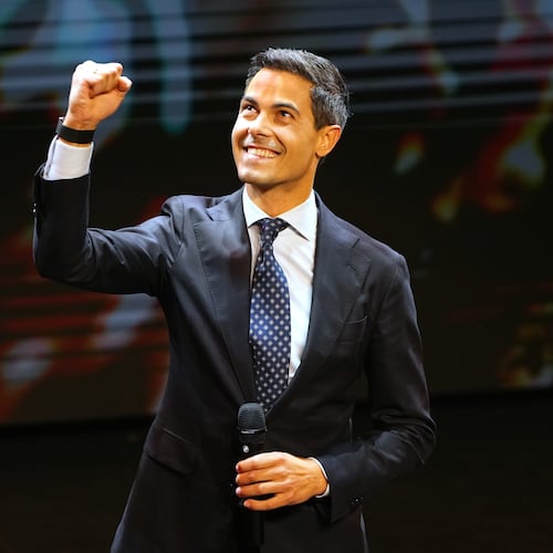 Rob Jetten, leader of the center-left D66 party, speaks on stage during exit poll results an election venue during a general election in Leiden, Netherlands, Wednesday, Oct. 29, 2025. (AP Photo/Peter Dejong)