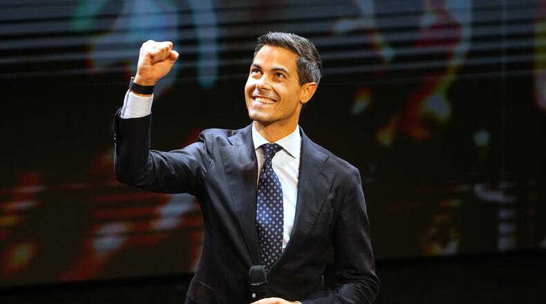 Rob Jetten, leader of the center-left D66 party, speaks on stage during exit poll results an election venue during a general election in Leiden, Netherlands, Wednesday, Oct. 29, 2025. (AP Photo/Peter Dejong)