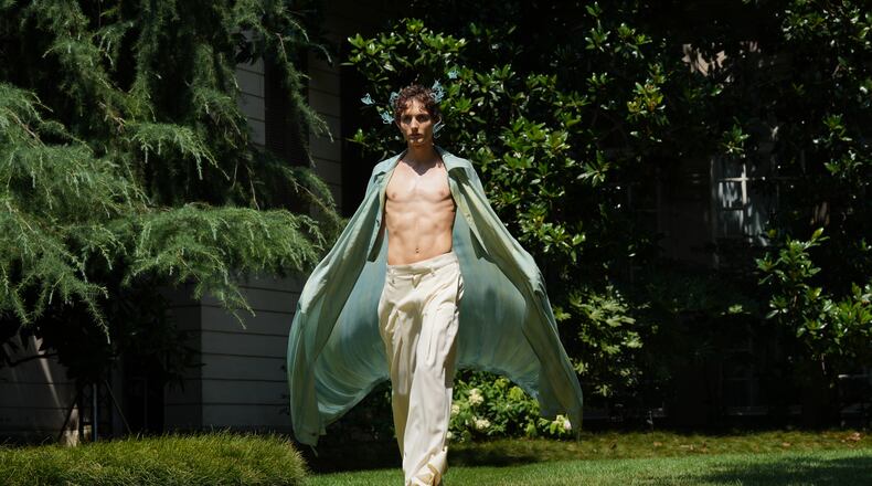 A model wears a creation as part of the Shinyakozuka Spring/Summer 2027 collection, presented in Milan, Italy, Monday, June 22, 2026. (AP Photo/Antonio Calanni)