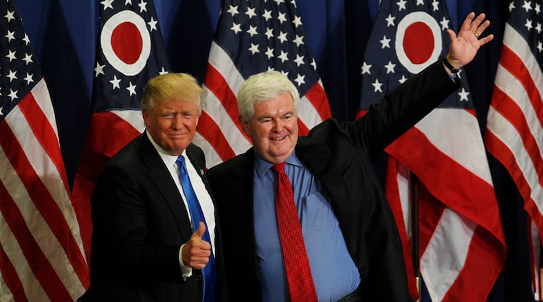 Former U.S. House Speaker Newt Gingrich introduces Donald Trump at a July rally in Ohio. John Sommers II/Getty