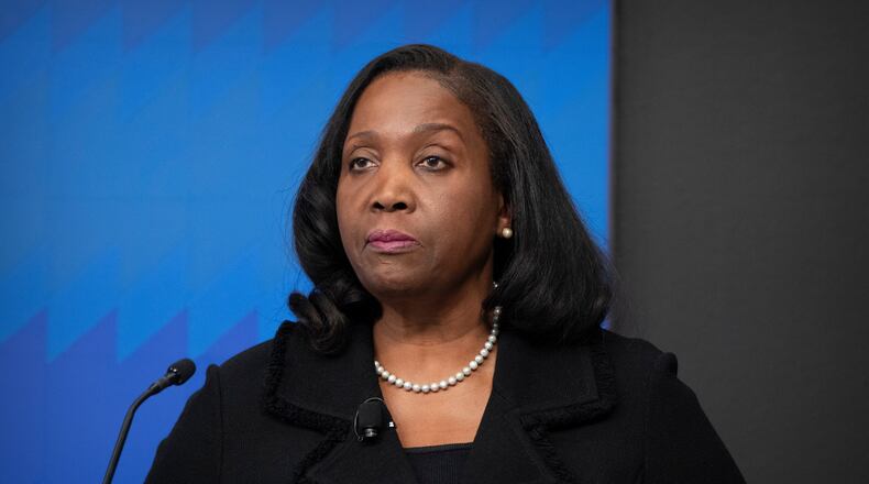 FILE - Lisa Cook, a Federal Reserve Board of Governors member, speaks during an event at the Brookings Institution, Nov. 3, 2025, in Washington. (AP Photo/Mark Schiefelbein, File)