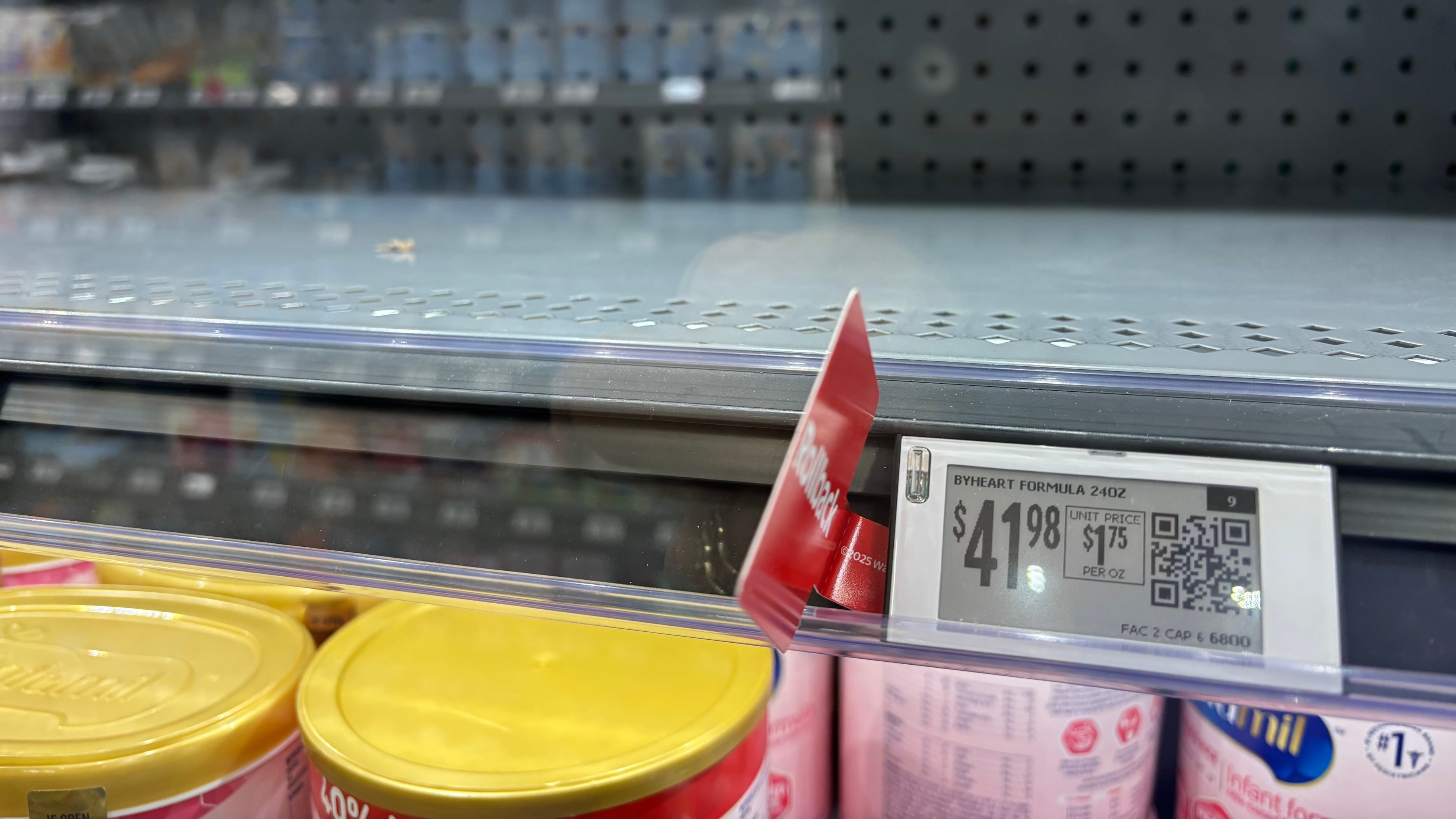 ByHeart infant formula has been removed from shelves of a Walmart store in Temecula, Calif., on Nov. 16, 2025. (AP Photo/JoNel Aleccia)