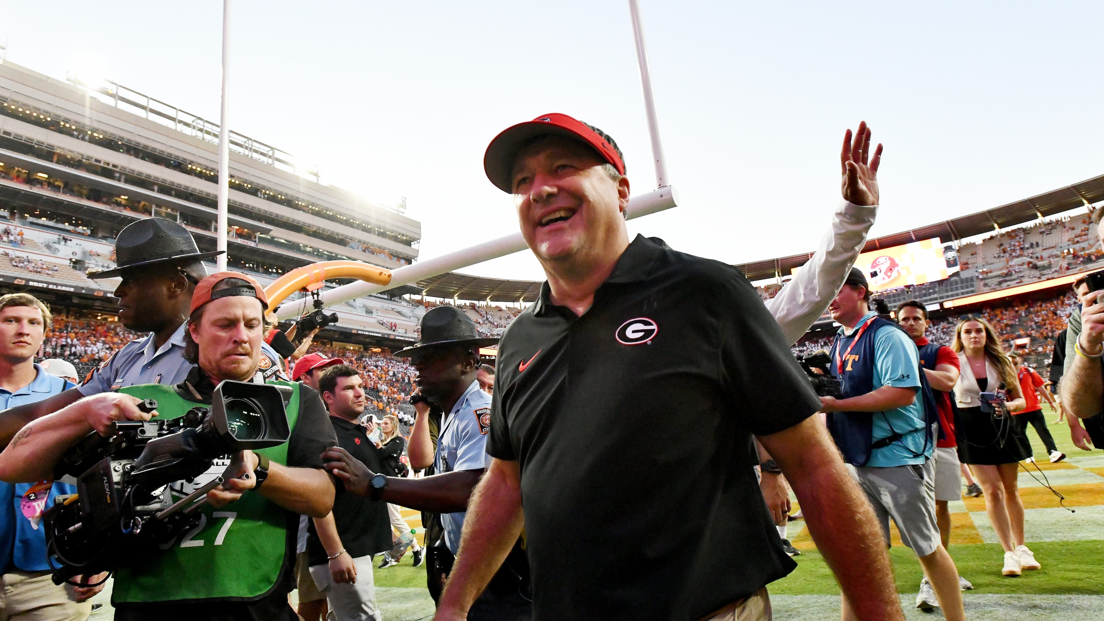 Georgia head coach Kirby Smart leaves the football field after Georgia beat Tennessee during overtime in an NCAA football game at Neyland Stadium, Saturday, September 13, 2025, in Knoxville, Tenn. Georgia won 44-41 over Tennessee in overtime.