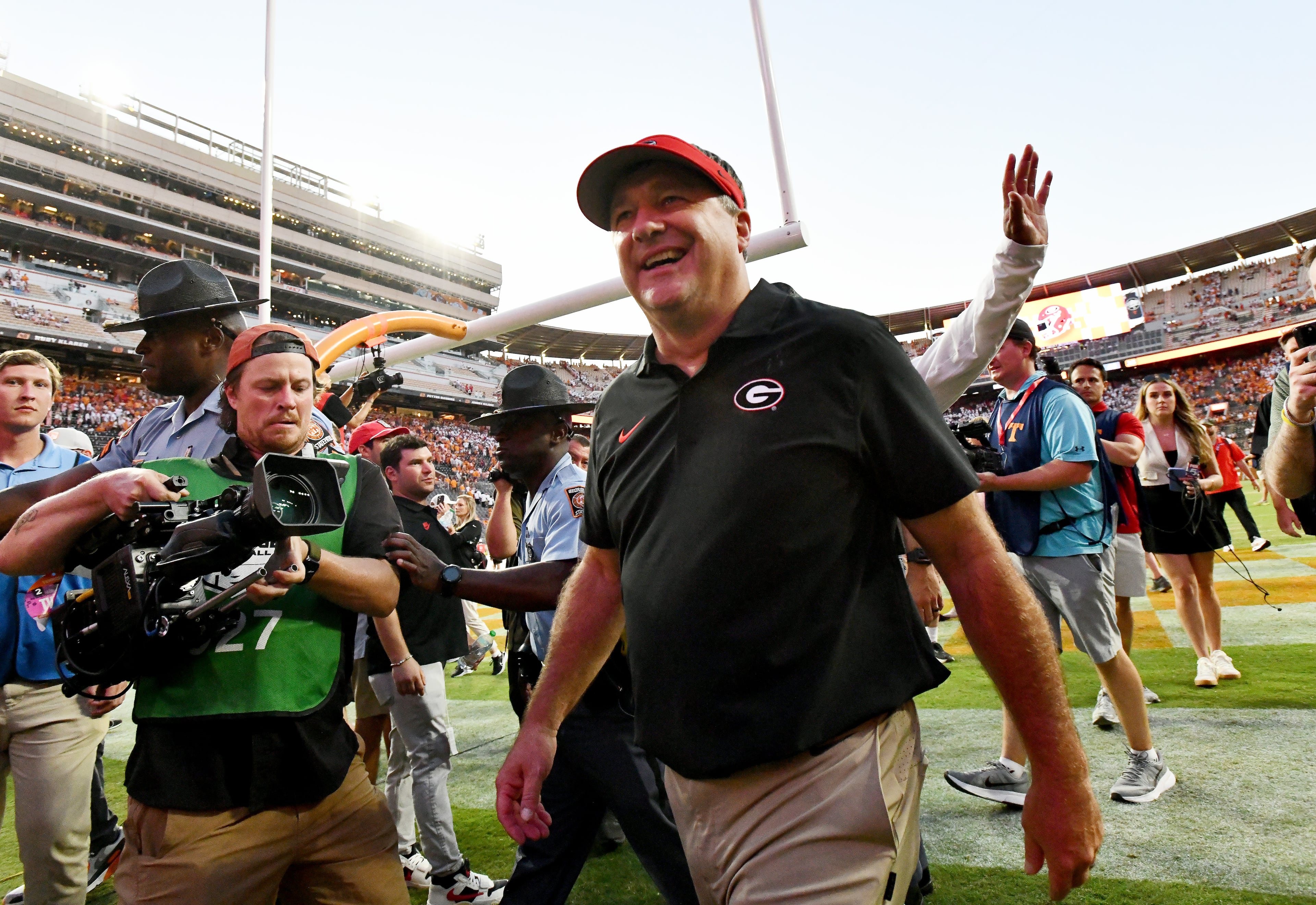 Georgia coach Kirby Smart leaves the field after Georgia beat Tennessee in overtime at Neyland Stadium on Saturday, Sept. 13, 2025, in Knoxville, Tenn. (Hyosub Shin/AJC)