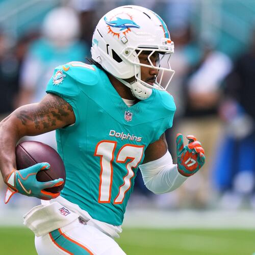 FILE - Miami Dolphins wide receiver Jaylen Waddle (17) runs during the first half of an NFL football game against the Tampa Bay Buccaneers, Dec. 28, 2025, in Miami Gardens, Fla. (AP Photo/Lynne Sladky, File)