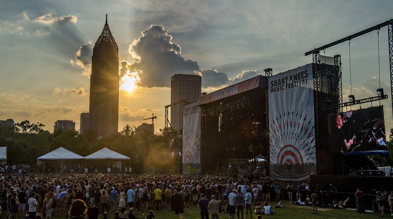 The sun sets over the Peachtree Stage during the 2015 version of Shaky Knees in Central Park. Photo: JONATHAN PHILLIPS / SPECIAL