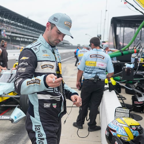 Alexander Rossi prepares too drive during practice for the Indianapolis 500 auto race at the Indianapolis Motor Speedway in Indianapolis, Monday, May 18, 2026. (AP Photo/Michael Conroy)