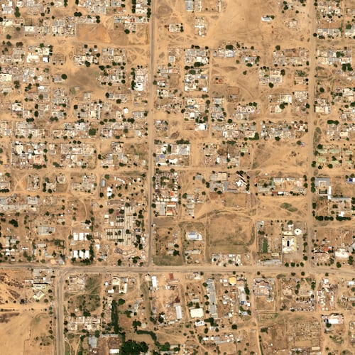 This satellite image taken by Airbus DS shows part of the Daraja Oula neighborhood of el-Fasher, Sudan, Monday, Oct. 27, 2025. (Airbus DS 2025 via AP)