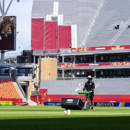 A worker mows the grass at Toronto Stadium, Thursday June 4, 2026, in Toronto, in preparation for World Cup soccer tournament. (Frank Gunn/The Canadian Press via AP)