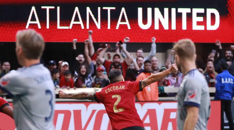 October 21, 2018 Atlanta: Atlanta United defender Franco Escobar celebrates his goal for a 1-0 lead over the Chicago Fire during the first half in a MLS soccer match on Sunday, Oct 21, 2018, in Atlanta. Curtis Compton/ccompton@ajc.com