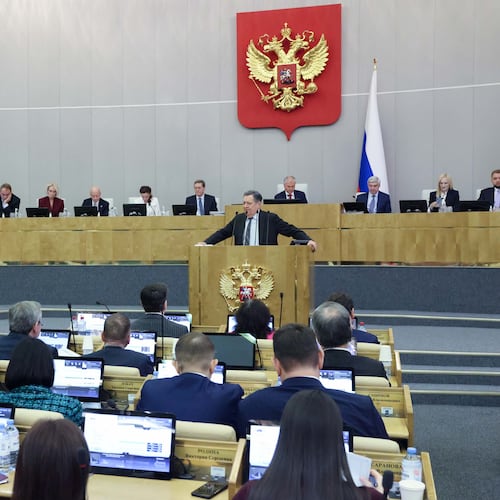 In this photo, provided by The State Duma, The Lower House of the Russian Parliament Press Service, deputies attend a session at the State Duma, the lower house of the Russian parliament in Moscow, on Thursday, Nov. 20, 2025. (The State Duma, The Federal Assembly of The Russian Federation via AP)
