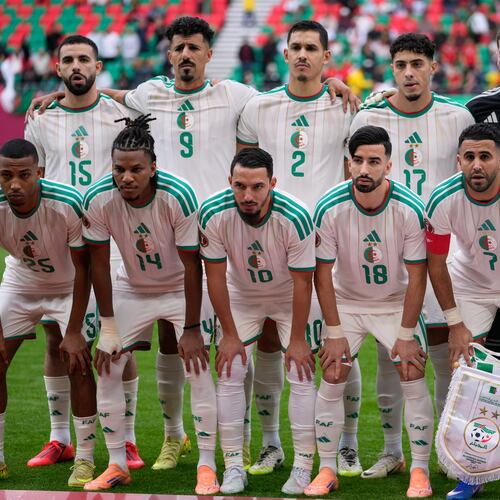 Algeria's players pose for the team picture before the Africa Cup of Nations group E soccer match between Algeria and Sudan in Rabat, Morocco, Wednesday, Dec. 24, 2025. (AP Photo/Mosa'ab Elshamy)