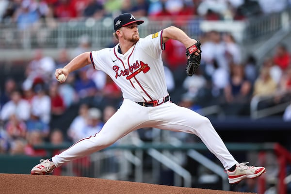 Atlanta Braves pitcher Spencer Schwellenbach delivers in the first inning of a baseball game against the Washington Nationals, Tuesday, May 13, 2025, in Atlanta. (AP Photo/Colin Hubbard)