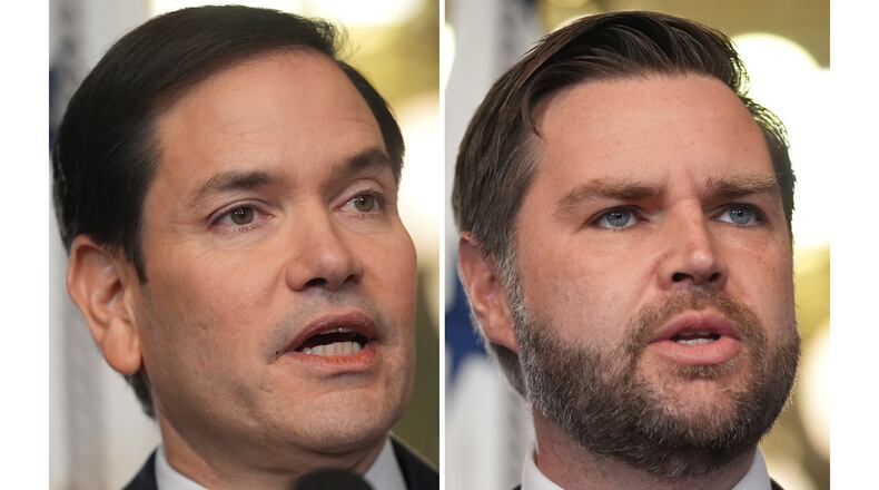 FILE - This combination of photos shows Secretary of State Marco Rubio, left, and Vice President JD Vance, right, on Jan. 21, 2025, in Washington. (AP Photo/Evan Vucci, File)