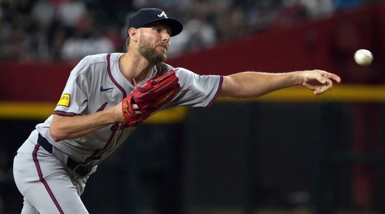 Atlanta Braves pitcher Chris Sale throws against the Arizona Diamondbacks in the first inning during a baseball game, Tuesday, July 9, 2024, in Phoenix. (AP Photo/Rick Scuteri)
