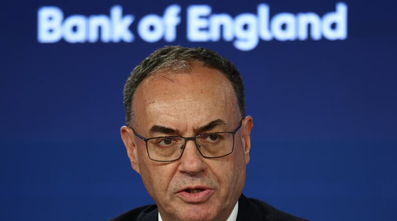 Bank of England (BoE) Governor Andrew Bailey speaks during the Monetary Policy Report press conference in London, Thursday July 30, 2026. (Henry Nicholls/Pool Photo via AP)